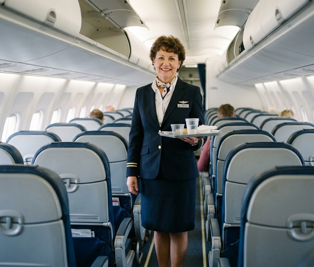 Professional flight attendant serving passengers