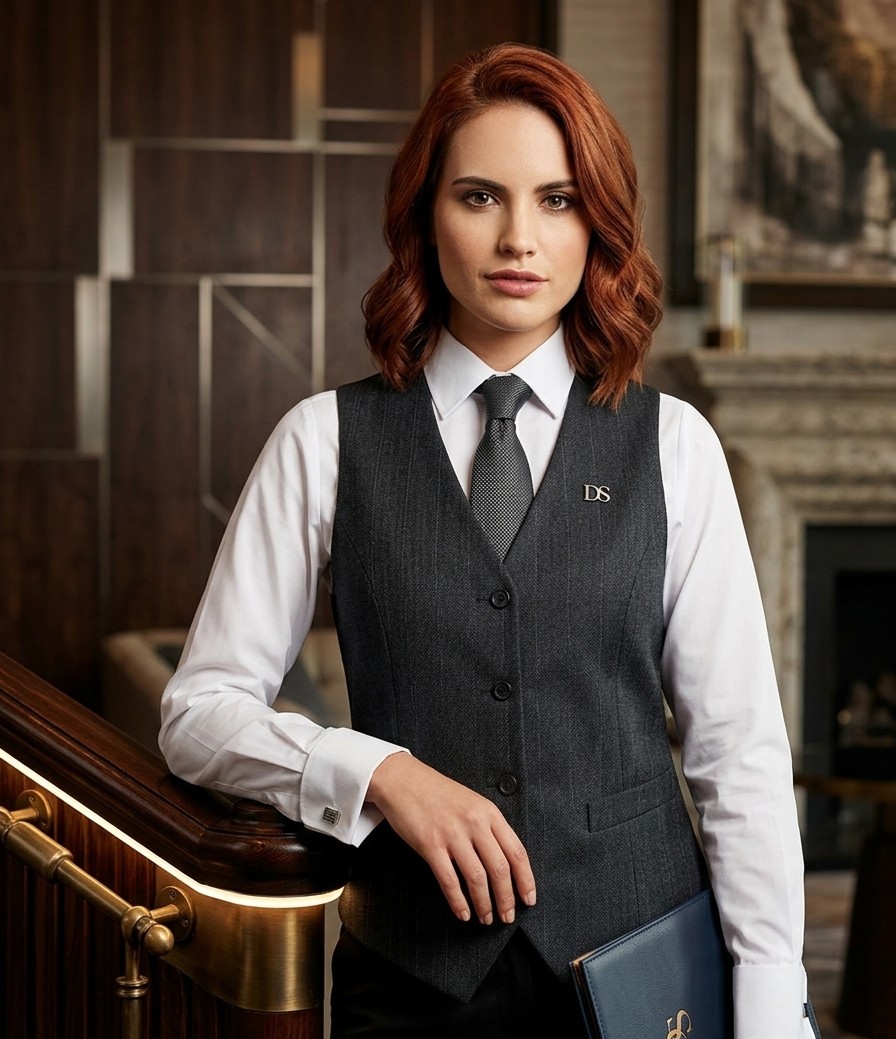 Woman wearing elegant hotel concierge uniform