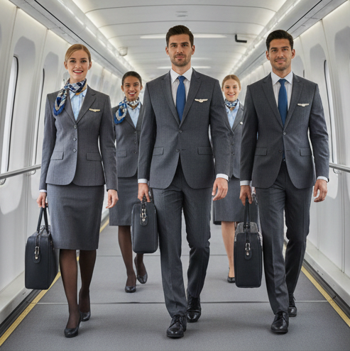 Professional airline crew uniform team