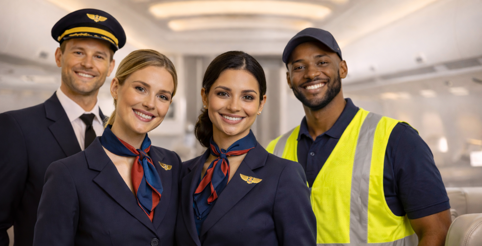 Professional airline crew wearing uniforms