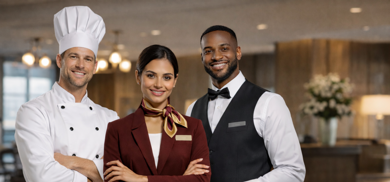 Diverse hotel staff posing in professional uniforms